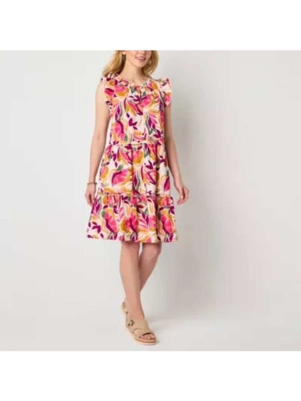 St. John's Bay‎ Floral Palm Print Ruffle Sleeveless Dress Pockets Size XL New
